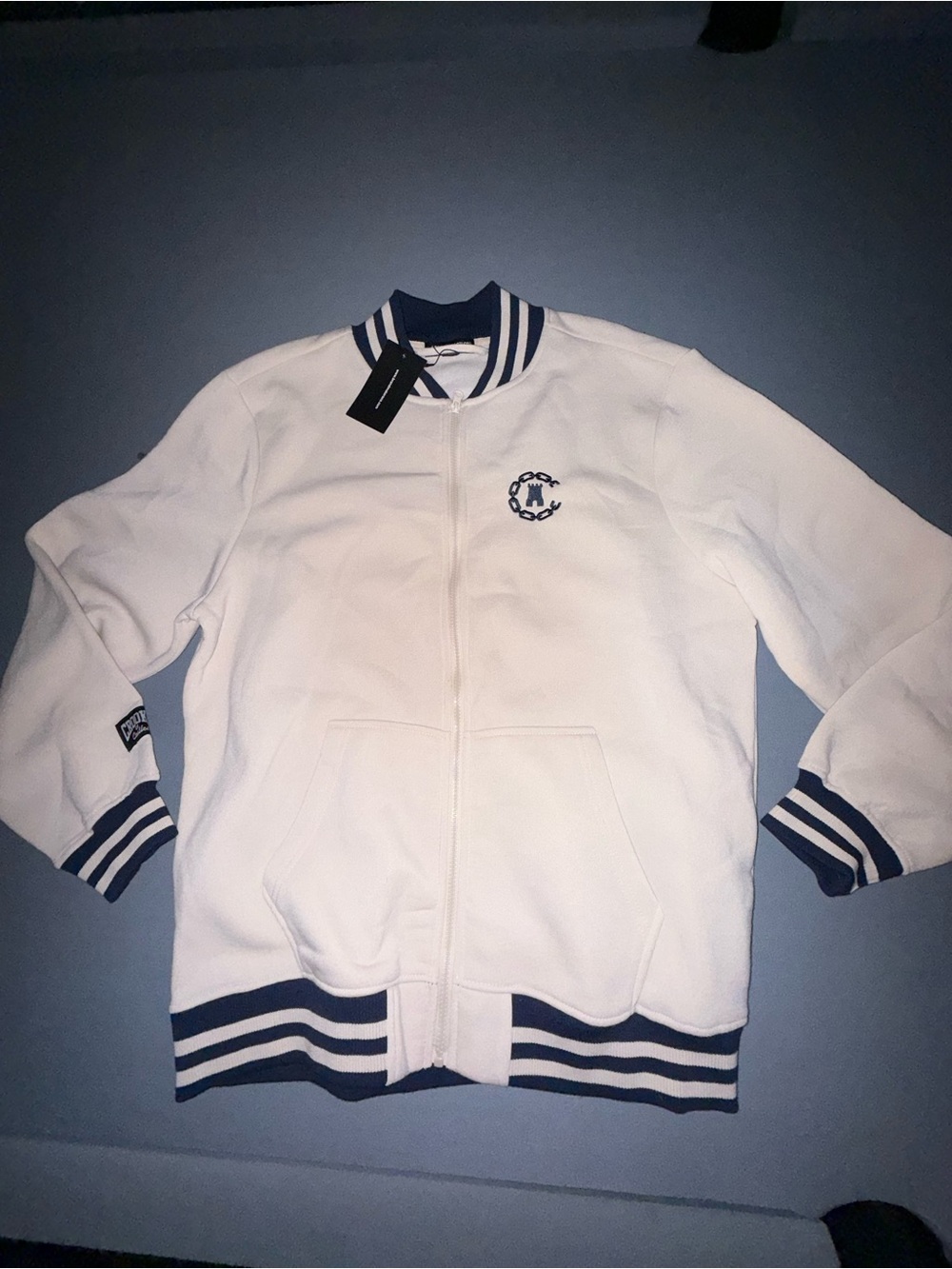 Crooks & Castles White Bomber Jacket with Navy Stripe Trim